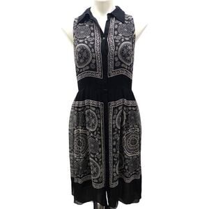 Suzi Chin Silk Sleeveless Button Down V Neck Bandana Dress Black Gray 6